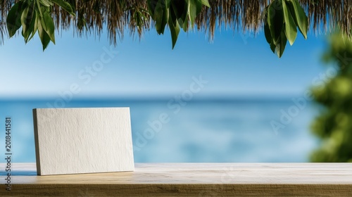 Blank card stands on a wooden surface before a blurred tropical ocean view