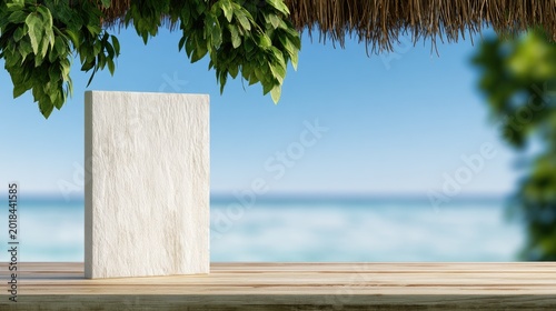 Blank textured stone slab on a wooden table with tropical ocean backdrop