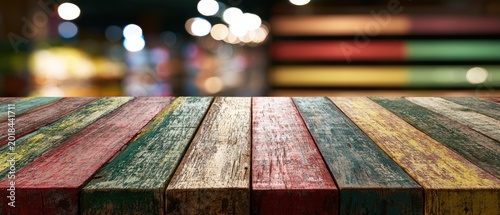 Colorful wooden planks form a surface in front of a blurred, warm-toned background