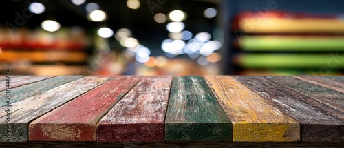 A colorful, distressed wooden tabletop in the foreground with a blurred background of a store