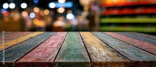 Close-up view of a colorful, weathered wooden table in a blurred background