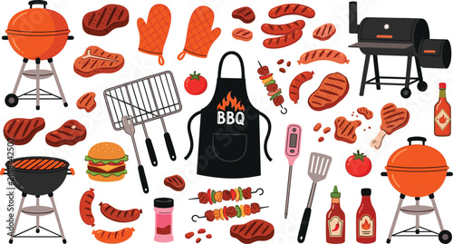 Billede på lærred Barbecue Grill Party Clipart Set with Steak, Sausage, Skewer, BBQ Tools, Apron,