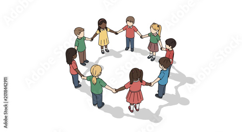 Diverse Group of Children Holding Hands in a Circle Illustration