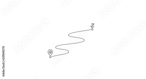 A winding line connects a location pin to a symbol on a map.