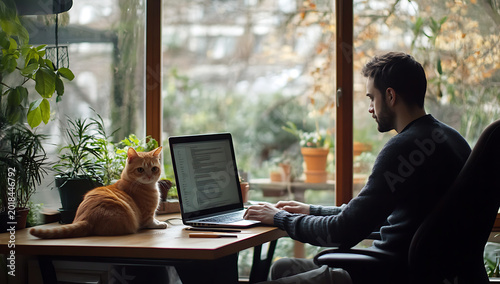 A man sitting at a wooden desk working on a laptop computer with a ginger cat sitting beside him in a sunlit room with large windows and plants