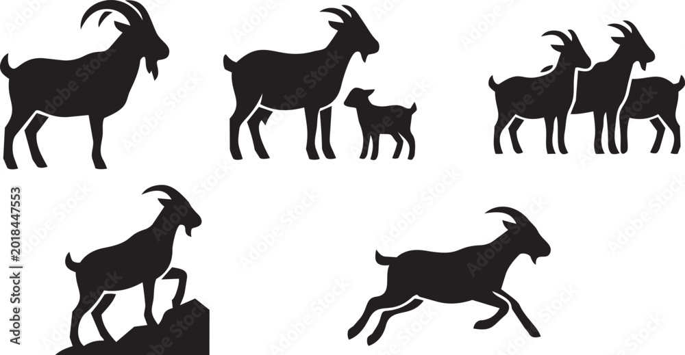 Fototapeta premium Collection of goat silhouettes including family groups and solitary animals.