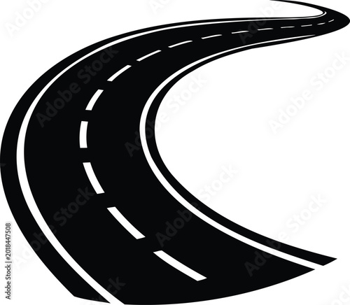 Curved road with white lines on black asphalt surface  highway lane markings