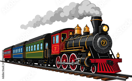 Fotografie Vintage Steam Train Travels on Tracks Through a Landscape