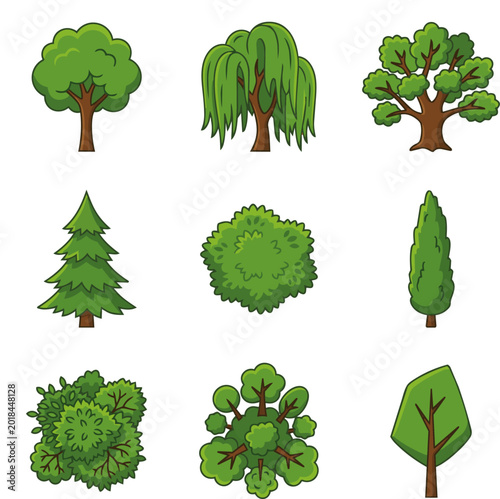 Bild auf Leinwand Different Types of Trees and Bushes in Simple Illustrations
