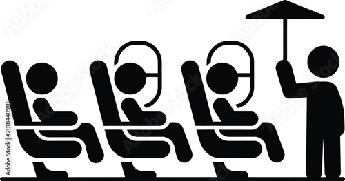 Foto People sitting in airplane seats with flight attendant holding umbrella