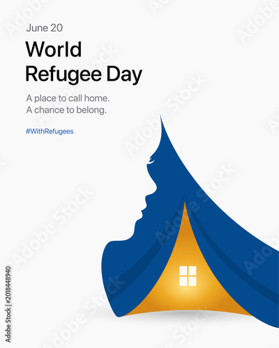 Creative World Refugee Day awareness poster featuring a human profile blended with a shelter tent and glowing home symbol, representing belonging, safety, hope, and humanitarian support.
