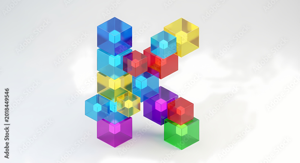 Obraz premium Colorful 3D geometric letter K made of transparent cubes