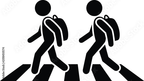 Two people crossing pedestrian zebra crossing with backpacks