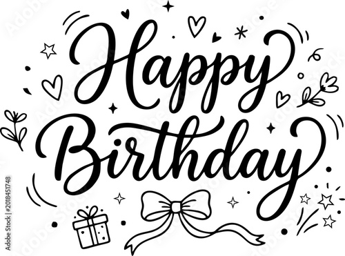 Cute Playful Happy Birthday Lettering with Bow and Doodles. on Transparent Background