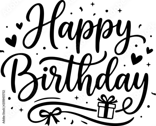 Elegant Hand Lettering Happy Birthday with Gift and Hearts. on Transparent Background