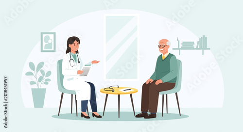 Doctor Explains Medical Report to Elderly Patient, Healthcare Illustration