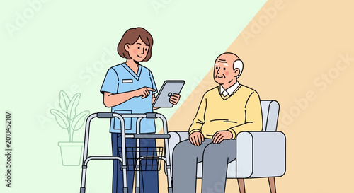 Elderly Caregiver Consulting Patient Tablet Healthcare Illustration