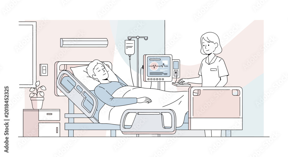 Fototapeta premium Hospital illustration: Patient monitored by nurse in bed