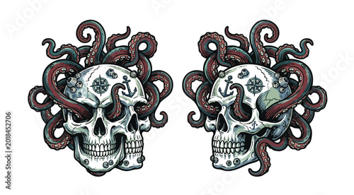 Quadro em tela Twin skulls entwined with octopus tentacles in detailed tattoo style