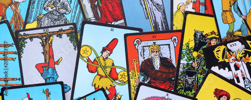 Bilde på lerret Big pile of different classical tarot cards on table