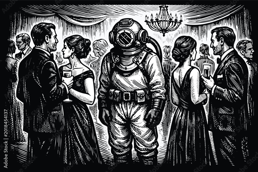 Fototapeta premium Surreal vector engraving depicting a deep-sea diver awkwardly standing in a formal ballroom party, a powerful metaphor for social anxiety, isolation, and feeling out of place in modern society.