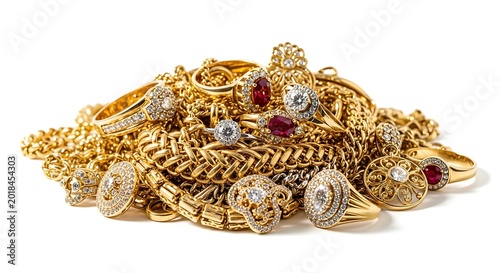 Pile of gold jewelry with gems.
