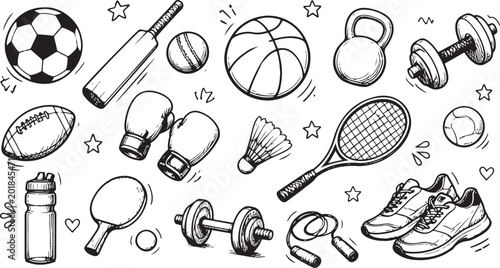 Hand-drawn doodle sport icon collection set.