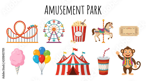 Quadro em tela Amusement Park Icons Collection Featuring Rides and Treats