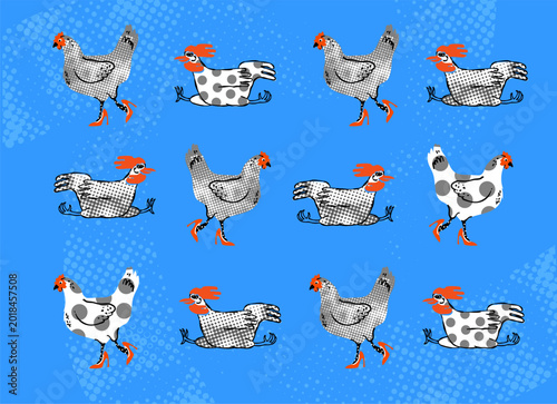 Vector Set of Whimsical Running Chickens with Halftone Textures