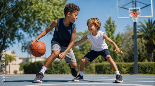 Two young boys playing basketball on an outdoor court