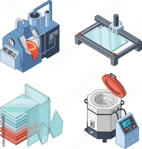 Industrial Glass Manufacturing and Processing Equipment Isometric Set