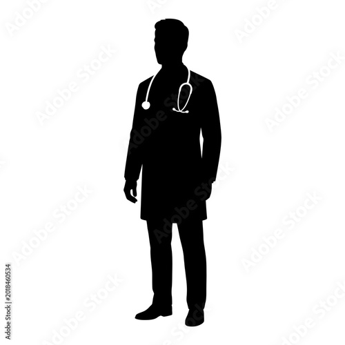 Full-body black silhouette of a male doctor wearing a lab coat and stethoscope, standing upright on a white background.