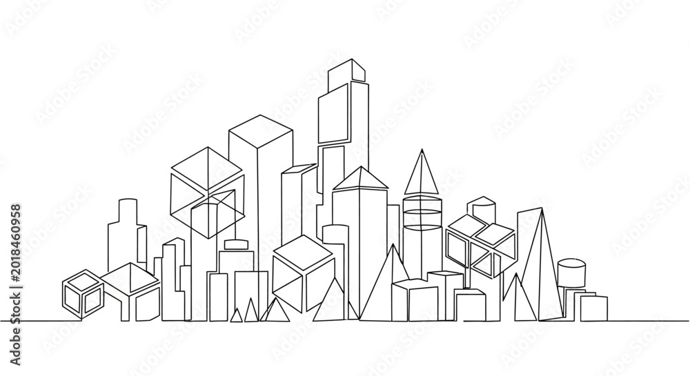 Obraz premium Abstract Cityscape Outline, Geometric Buildings on White