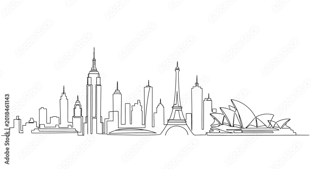 Fototapeta premium Continuous Line Art of Famous City Skyline Architecture