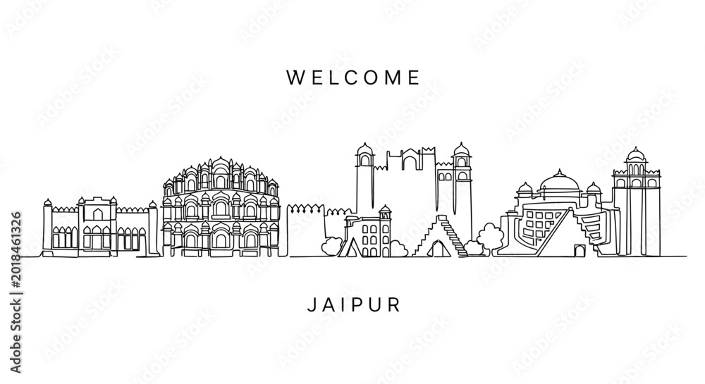 Fototapeta premium Jaipur City Skyline Illustration - Welcome Greeting, India Architecture