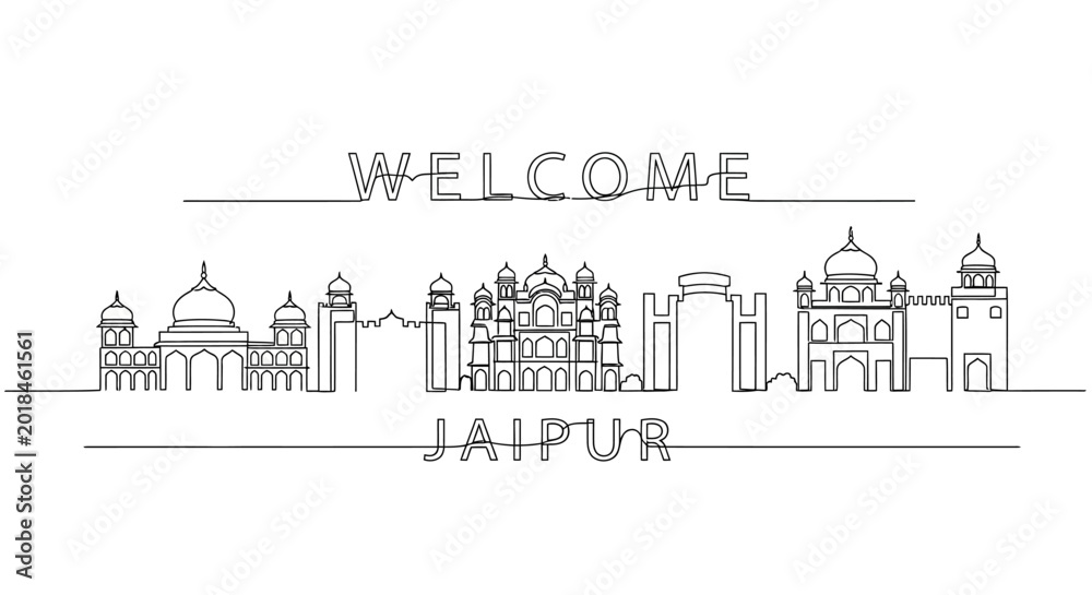 Fototapeta premium Jaipur Skyline Continuous Line Drawing with Welcome Text