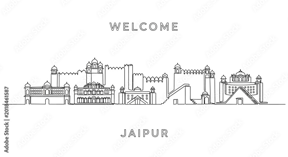 Fototapeta premium Jaipur Skyline Illustration: India Landmark Panorama, Line Art