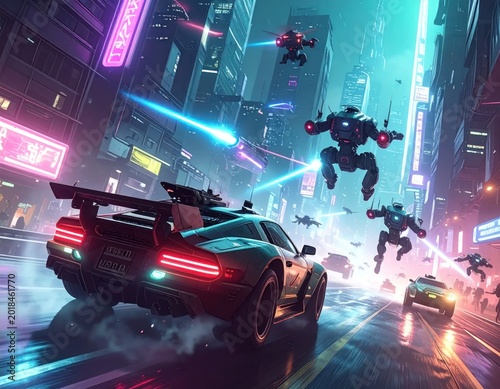 A futuristic chase scene with flying robots and a sleek car in a neon city