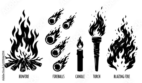 Obraz na plátně Black and white fire elements collection featuring bonfire fireballs candle torc