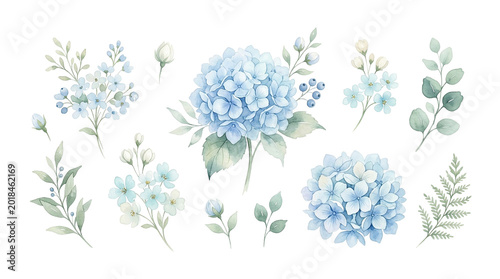 Soft Blue Hydrangea Floral Elements, Watercolor Botanical Illustrations, Delicate Spring Blossom Sprigs and Leaves, Romantic Garden Collection for Design