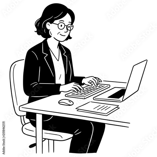 80-2_楽しげにPC操作しているスーツ姿の女性