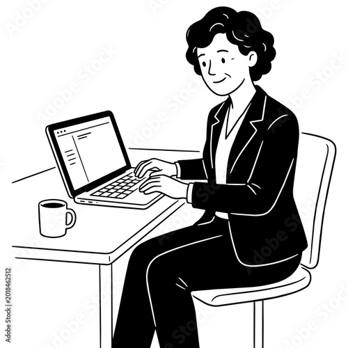 80-1_楽しげにPC操作しているスーツ姿の女性