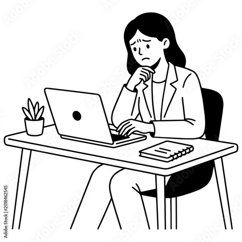 82-2_PCを見て困惑しているスーツ姿の女性