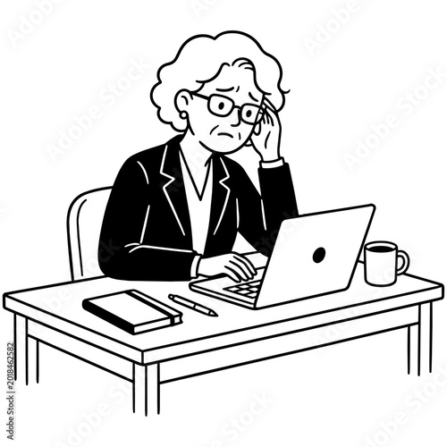 84-1_PCを見て困惑しているスーツ姿の女性