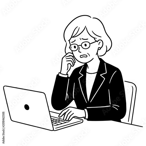 84-2_PCを見て困惑しているスーツ姿の女性