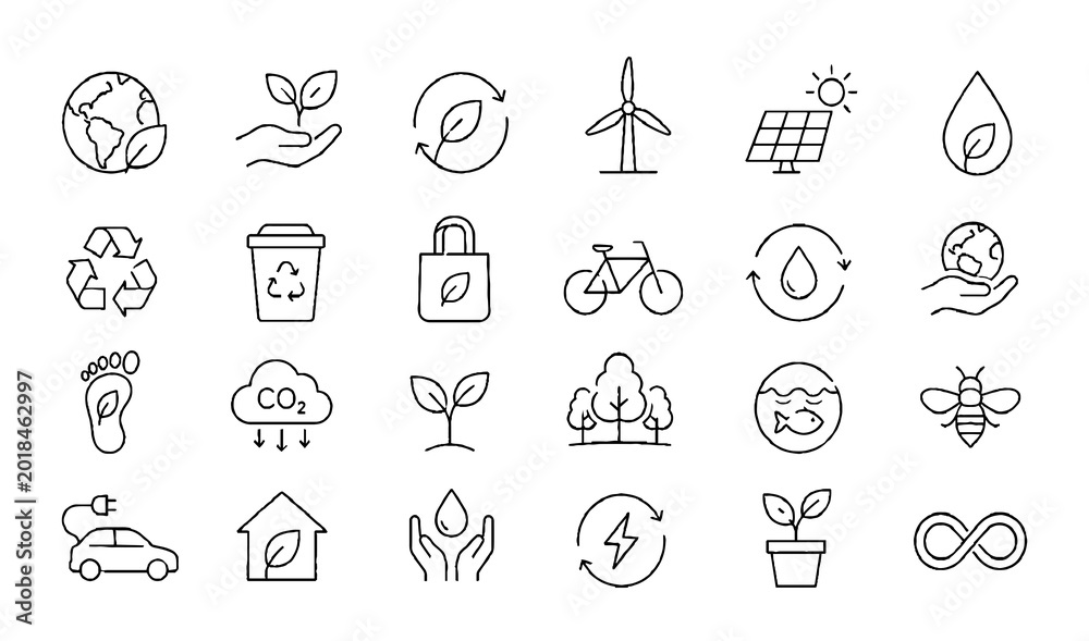 Fototapeta premium Ecology and Sustainability Line Icons Set Renewable Energy Collection