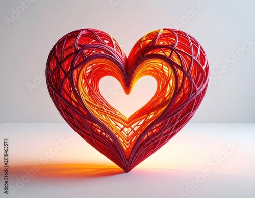 3D-rendered heart, intricate woven red/pink lines, glowing orange center
