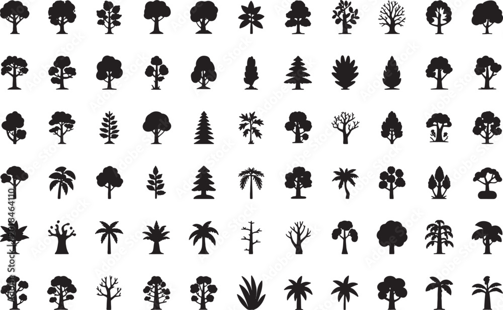 Obraz premium Set of black tree icons and forest plant silhouettes