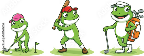 Photography cute green frog character sports set featuring cartoon frogs playing golf and ba