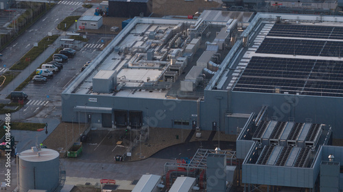 Corporate data center building with rooftop solar panels